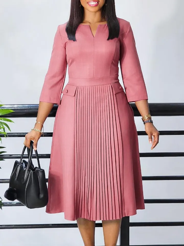 2025 Africa Europe America D529 Women's Autumn New Fashion Temperament Elegant Solid Color Pleated Plus-size Dress Solid Color Pattern Creasing Process Temperament Elegant Style