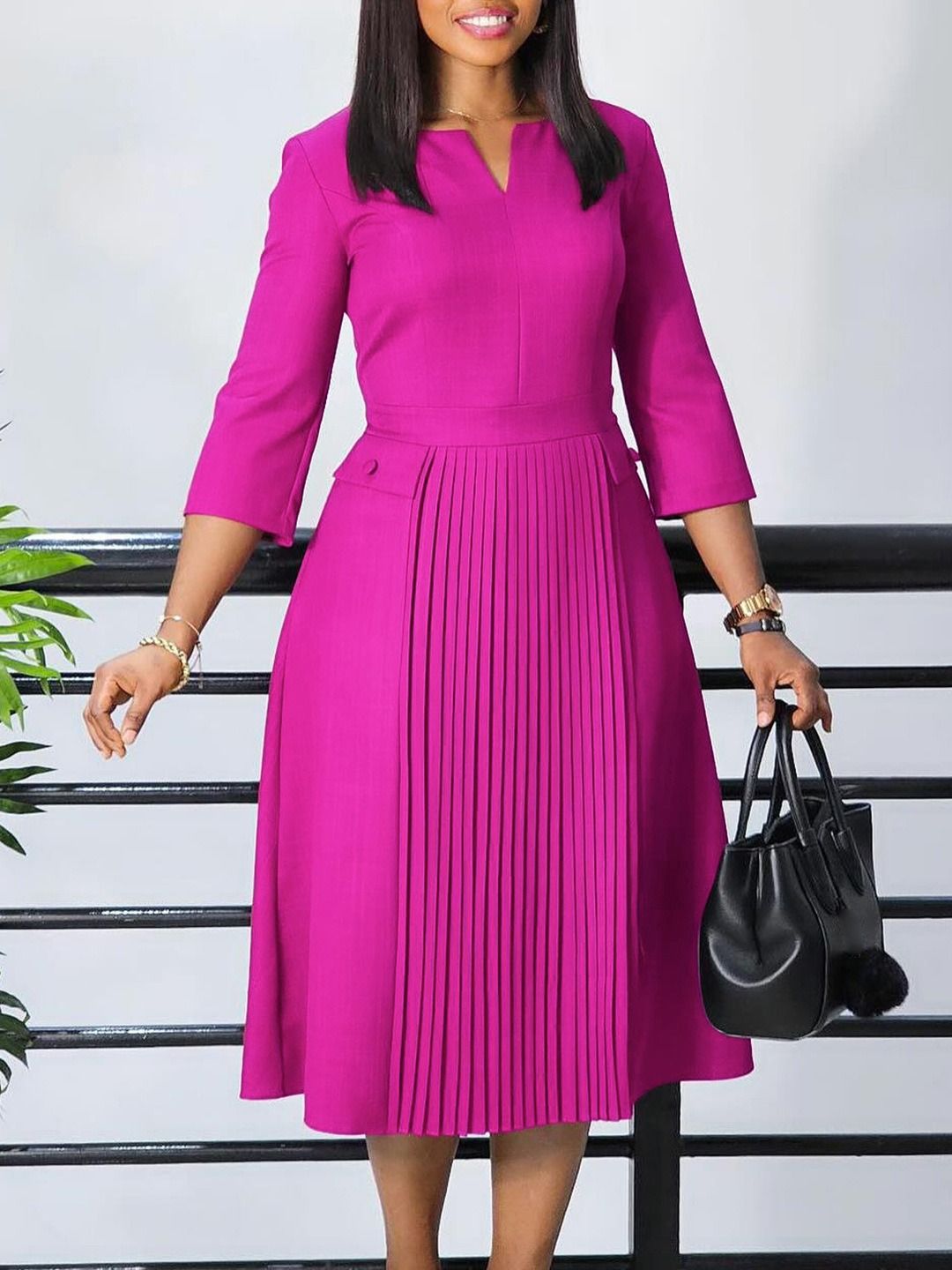 2025 Africa Europe America D529 Women's Autumn New Fashion Temperament Elegant Solid Color Pleated Plus-size Dress Solid Color Pattern Creasing Process Temperament Elegant Style