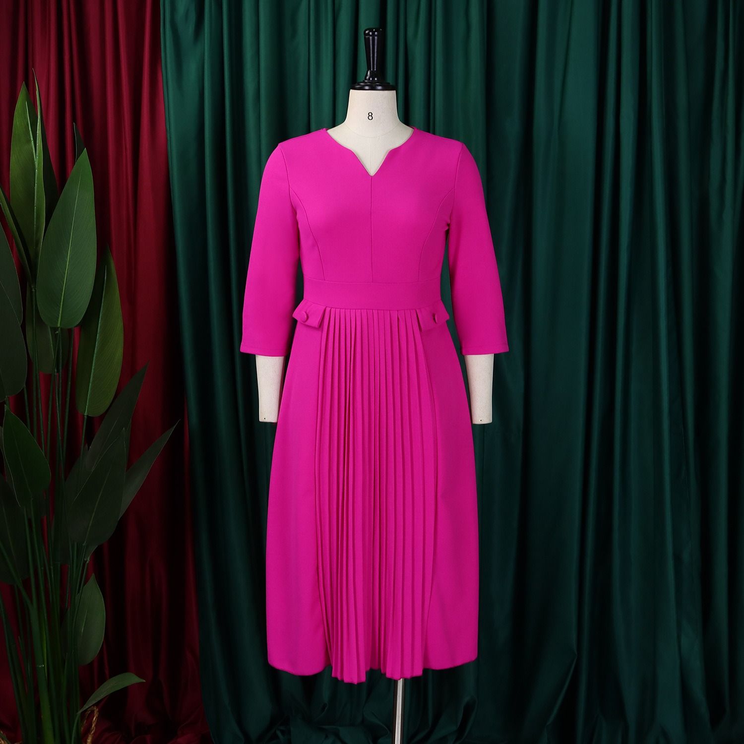 2025 Africa Europe America D529 Women's Autumn New Fashion Temperament Elegant Solid Color Pleated Plus-size Dress Solid Color Pattern Creasing Process Temperament Elegant Style