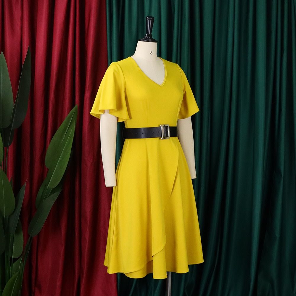 2025  Africa Europe America D297P Belt Summer Autumn New Women's Trumpet Sleeve Solid Color Plus-size Dress Popular Lanyard/belt Elements
Temperament Commuting Style