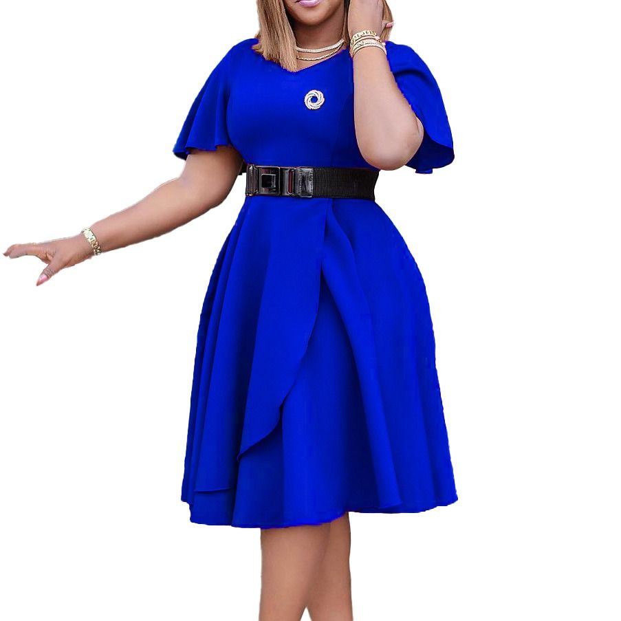 2025  Africa Europe America D297P Belt Summer Autumn New Women's Trumpet Sleeve Solid Color Plus-size Dress Popular Lanyard/belt Elements
Temperament Commuting Style