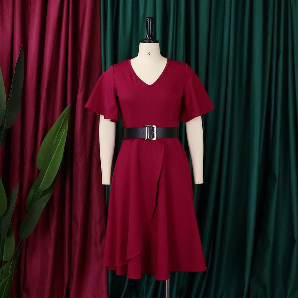 2025  Africa Europe America D297P Belt Summer Autumn New Women's Trumpet Sleeve Solid Color Plus-size Dress Popular Lanyard/belt Elements
Temperament Commuting Style