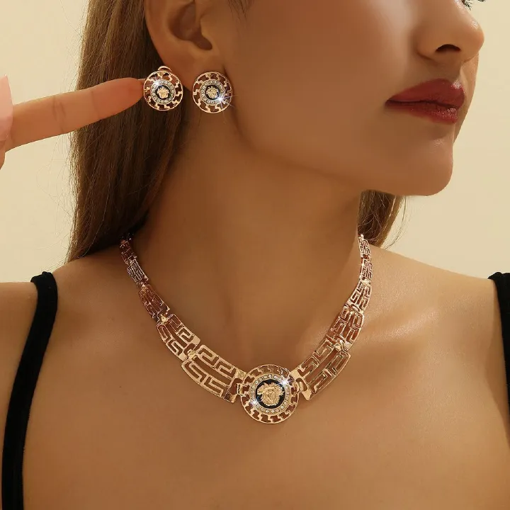Hot Gold Zinc Alloy Inlaid 2025 Africa Europe America White Rhinestone Metal 8-figure Necklace Earrings Rhinestone Metal Ieopard Head Necklace Earrings Water Drop Necklace Earrings Set Women's Jewelry