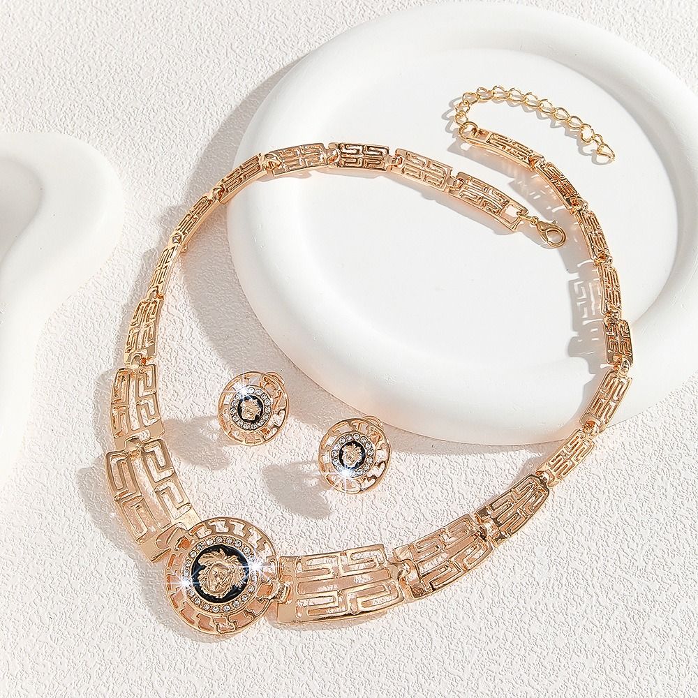 Hot Gold Zinc Alloy Inlaid 2025 Africa Europe America White Rhinestone Metal 8-figure Necklace Earrings Rhinestone Metal Ieopard Head Necklace Earrings Water Drop Necklace Earrings Set Women's Jewelry