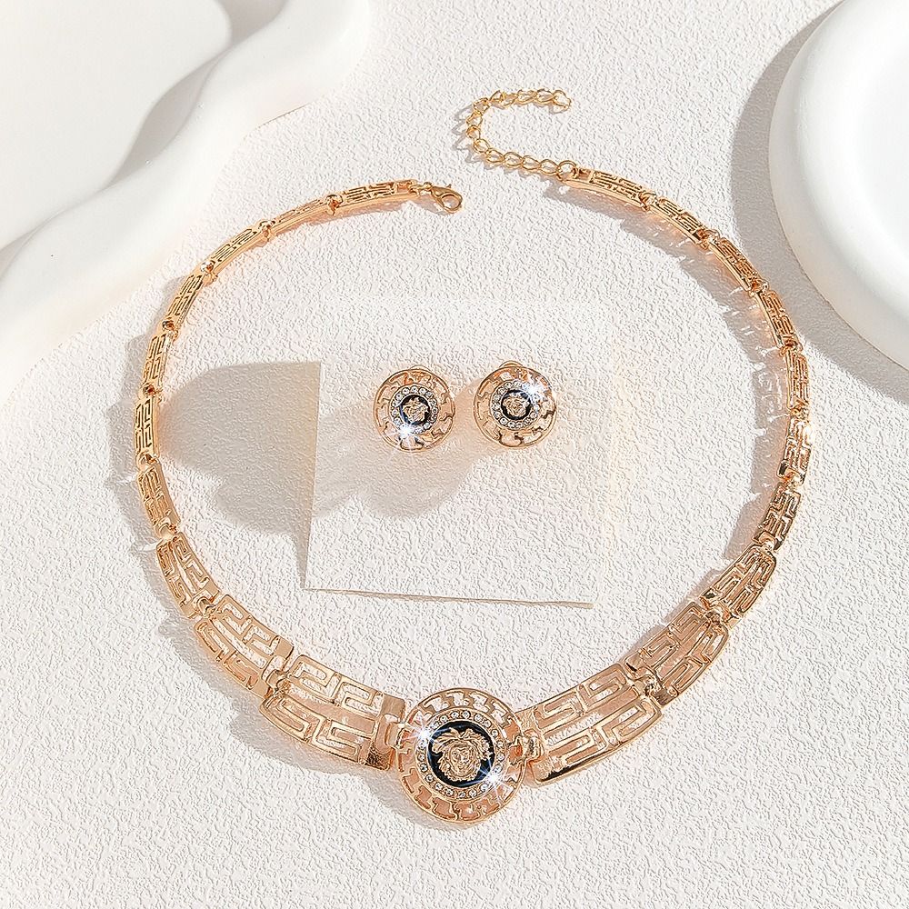 Hot Gold Zinc Alloy Inlaid 2025 Africa Europe America White Rhinestone Metal 8-figure Necklace Earrings Rhinestone Metal Ieopard Head Necklace Earrings Water Drop Necklace Earrings Set Women's Jewelry