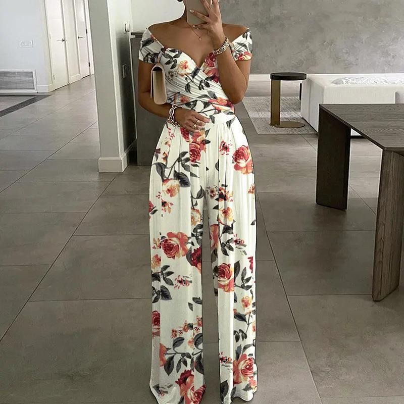 Spring & Summer New 2025 Africa Europe America Women's Temperament Elegant One-line Shoulder Fashion Printed Temperament High-waisted Jumpsuit Print Elements Temperament Elegant Style