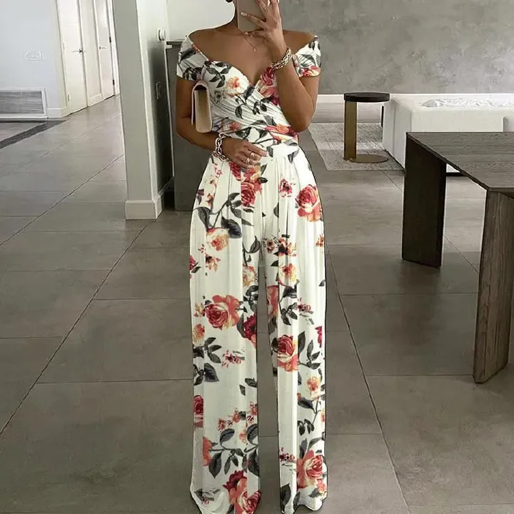 Spring & Summer New 2025 Africa Europe America Women's Temperament Elegant One-line Shoulder Fashion Printed Temperament High-waisted Jumpsuit Print Elements Temperament Elegant Style