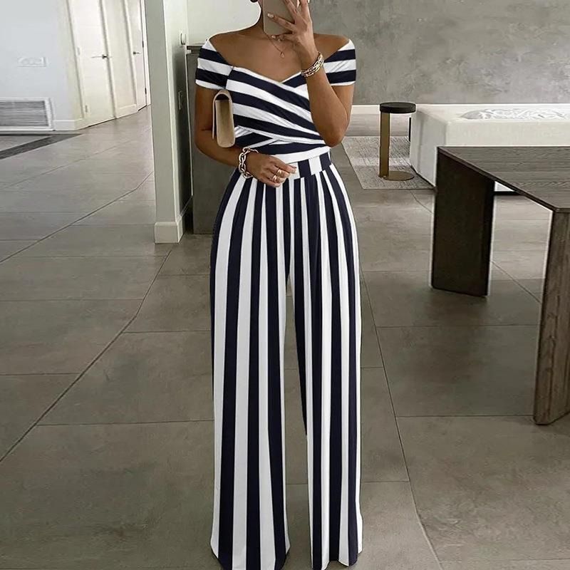 Spring & Summer New 2025 Africa Europe America Women's Temperament Elegant One-line Shoulder Fashion Printed Temperament High-waisted Jumpsuit Print Elements Temperament Elegant Style