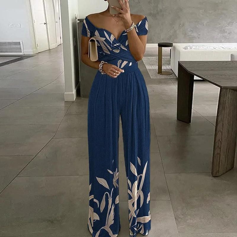 Spring & Summer New 2025 Africa Europe America Women's Temperament Elegant One-line Shoulder Fashion Printed Temperament High-waisted Jumpsuit Print Elements Temperament Elegant Style
