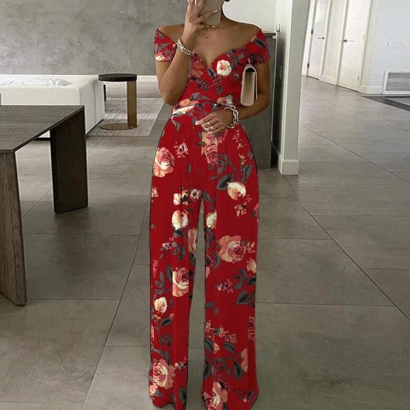 Spring & Summer New 2025 Africa Europe America Women's Temperament Elegant One-line Shoulder Fashion Printed Temperament High-waisted Jumpsuit Print Elements Temperament Elegant Style