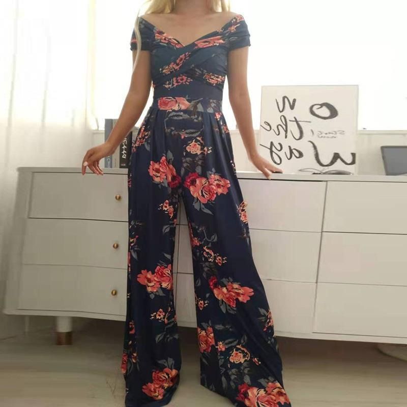 Spring & Summer New 2025 Africa Europe America Women's Temperament Elegant One-line Shoulder Fashion Printed Temperament High-waisted Jumpsuit Print Elements Temperament Elegant Style