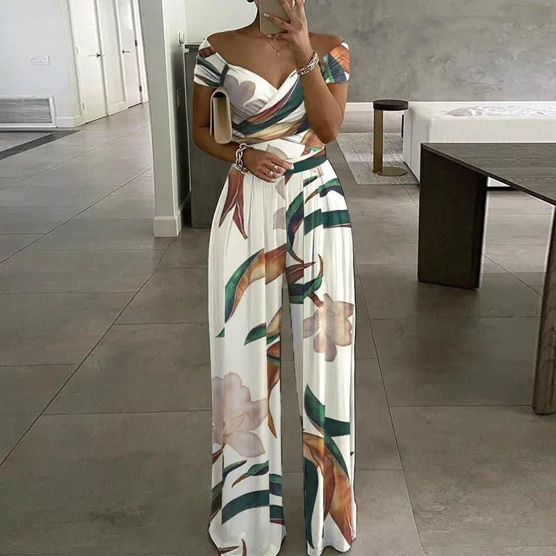 Spring & Summer New 2025 Africa Europe America Women's Temperament Elegant One-line Shoulder Fashion Printed Temperament High-waisted Jumpsuit Print Elements Temperament Elegant Style