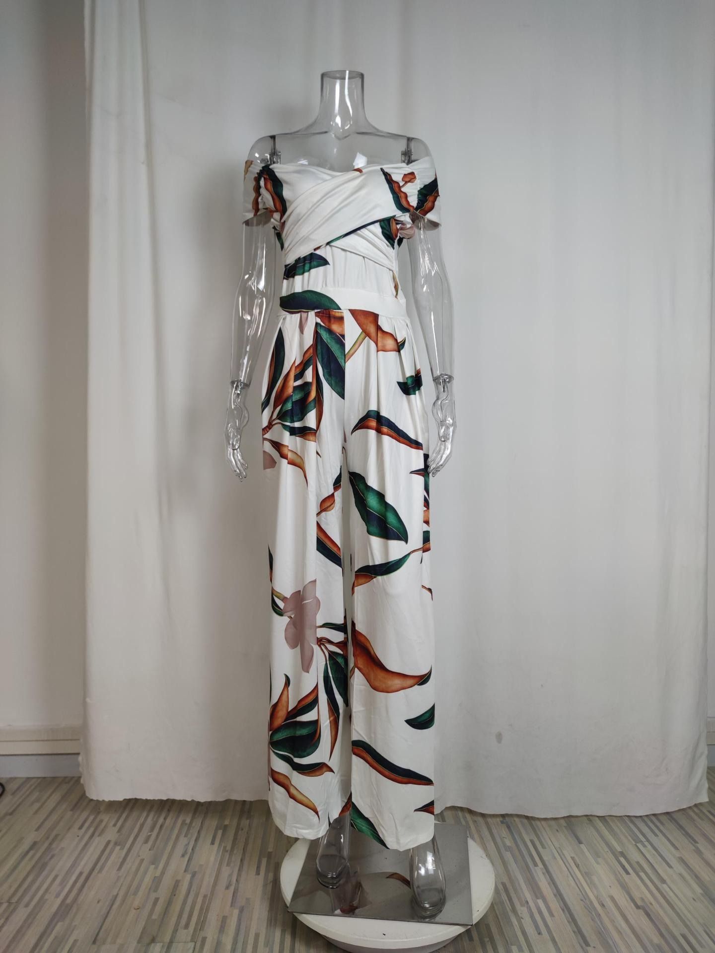 Spring & Summer New 2025 Africa Europe America Women's Temperament Elegant One-line Shoulder Fashion Printed Temperament High-waisted Jumpsuit Print Elements Temperament Elegant Style