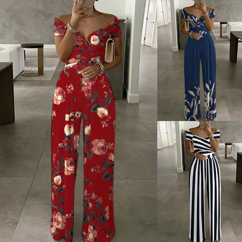 Spring & Summer New 2025 Africa Europe America Women's Temperament Elegant One-line Shoulder Fashion Printed Temperament High-waisted Jumpsuit Print Elements Temperament Elegant Style