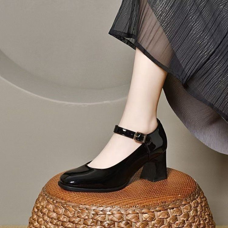 2025 Spring & Autumn  Women's Shoes One-toe Square Toe Leather Shoes Medium-heeled Wear-resistant Soft Leather Mary Jane Shoes Comfortable Single-shoe One-line Buckle Strap Low-top Casual Style