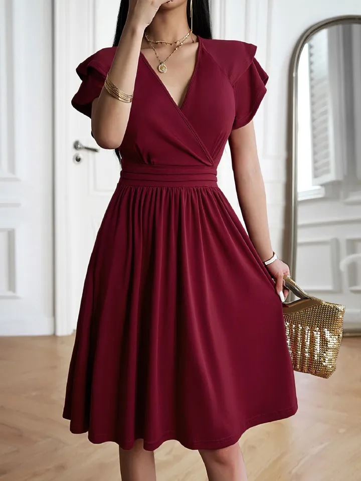 2025 New Style Dress Africa Europe  America  Spring/Summer Collection - Elegant V-Neck Long Dress Amazonian Style Grace Solid Color Patterns Collage Technique Elegant Style