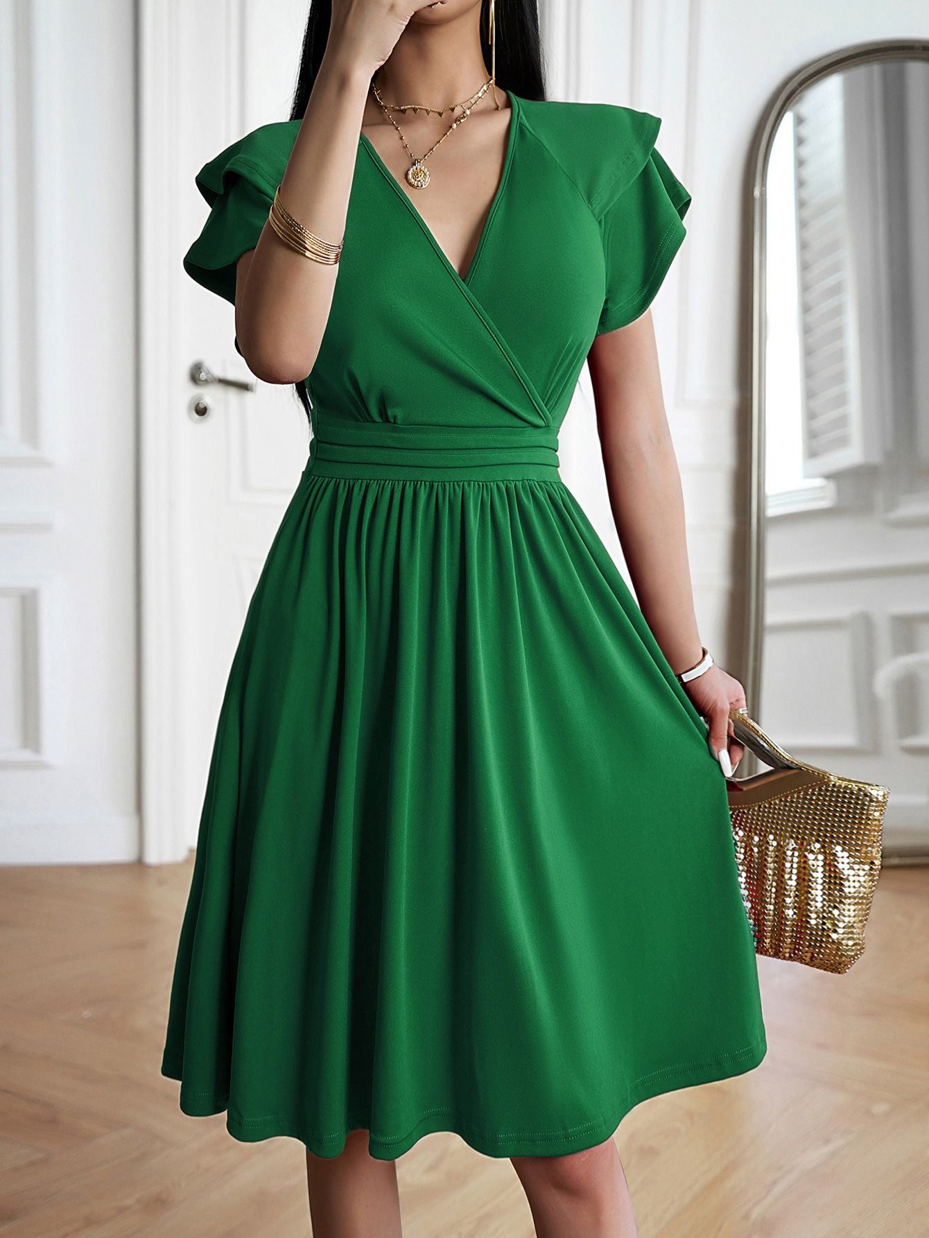 2025 New Style Dress Africa Europe  America  Spring/Summer Collection - Elegant V-Neck Long Dress Amazonian Style Grace Solid Color Patterns Collage Technique Elegant Style