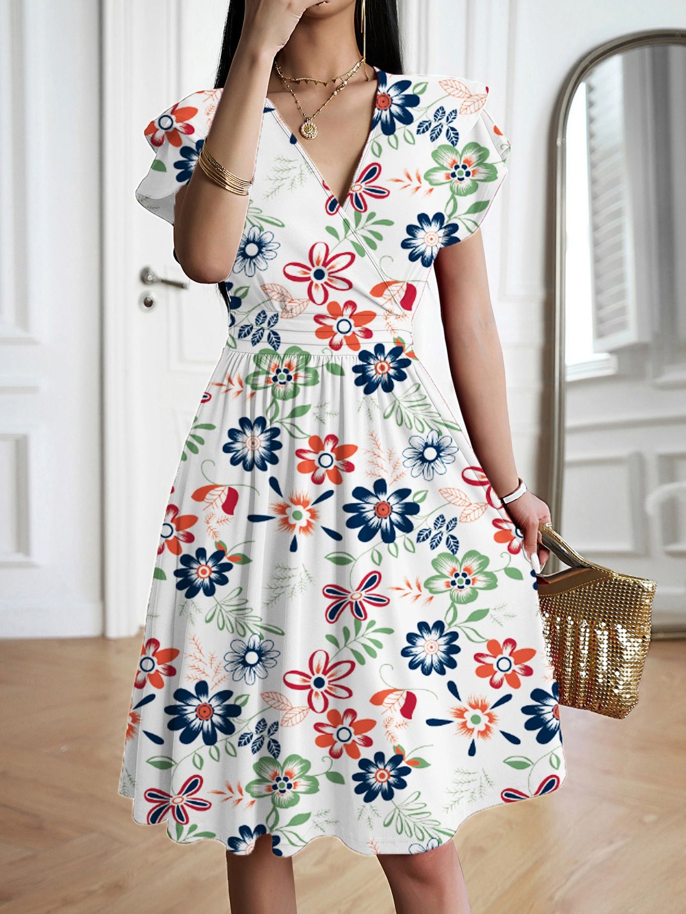2025 New Style Dress Africa Europe  America  Spring/Summer Collection - Elegant V-Neck Long Dress Amazonian Style Grace Solid Color Patterns Collage Technique Elegant Style