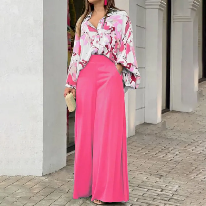 2025 African European American Women's Spring & Autumn Printed Shirts eBay Elegant Stylish Wide-leg Pants Fashionable Casual Suits Printed Patterns Non-stretching Processing Technology Elegant Style