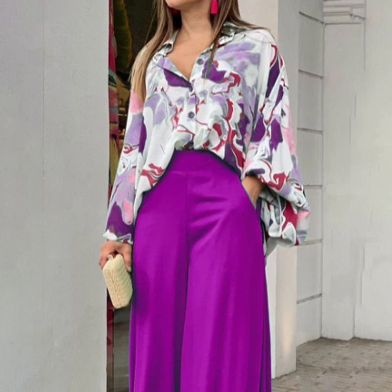 2025 African European American Women's Spring & Autumn Printed Shirts eBay Elegant Stylish Wide-leg Pants Fashionable Casual Suits Printed Patterns Non-stretching Processing Technology Elegant Style