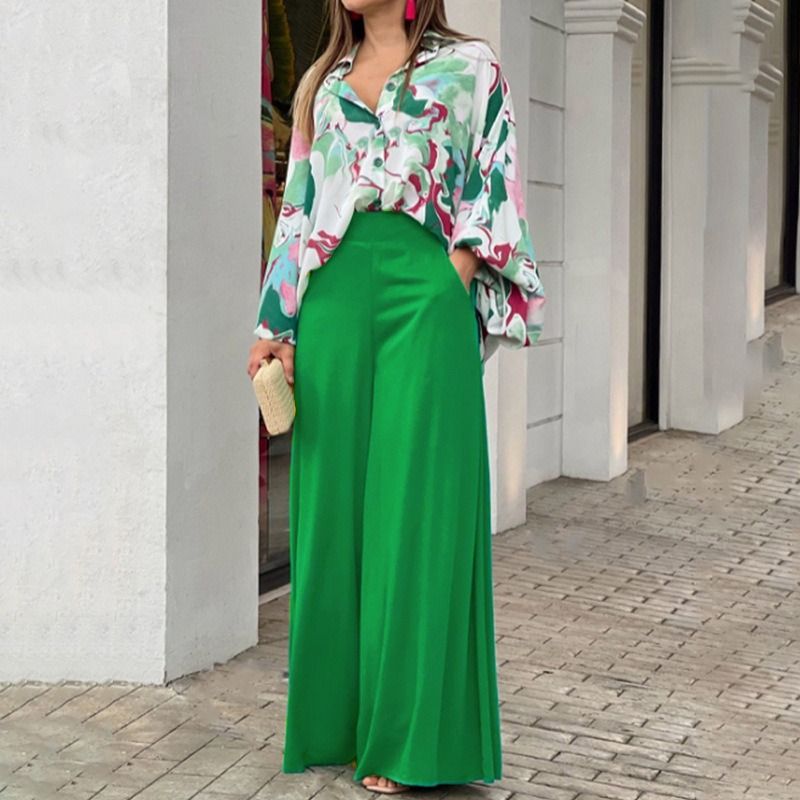2025 African European American Women's Spring & Autumn Printed Shirts eBay Elegant Stylish Wide-leg Pants Fashionable Casual Suits Printed Patterns Non-stretching Processing Technology Elegant Style