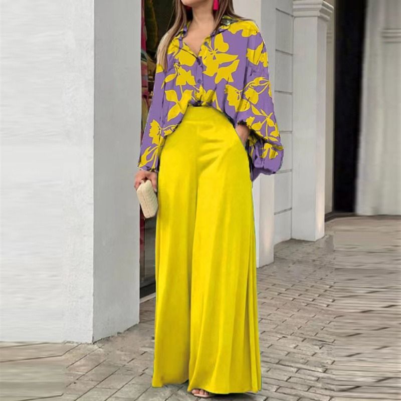 2025 African European American Women's Spring & Autumn Printed Shirts eBay Elegant Stylish Wide-leg Pants Fashionable Casual Suits Printed Patterns Non-stretching Processing Technology Elegant Style