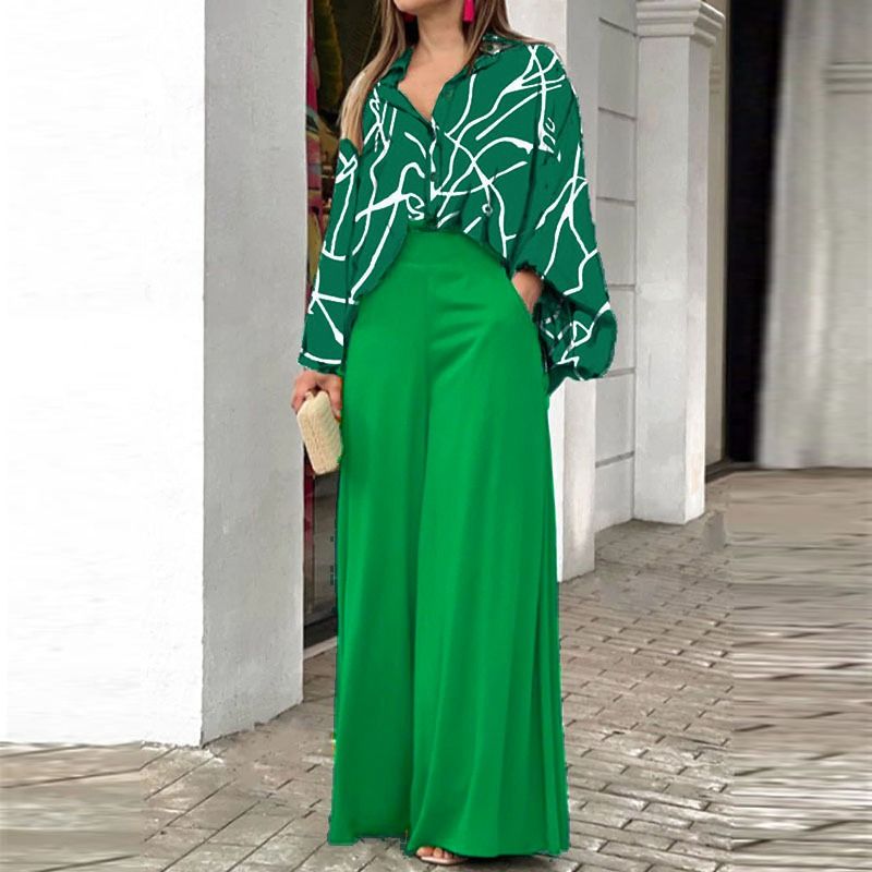 2025 African European American Women's Spring & Autumn Printed Shirts eBay Elegant Stylish Wide-leg Pants Fashionable Casual Suits Printed Patterns Non-stretching Processing Technology Elegant Style