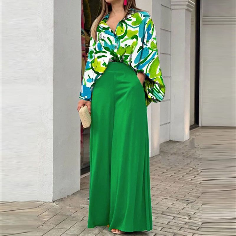 2025 African European American Women's Spring & Autumn Printed Shirts eBay Elegant Stylish Wide-leg Pants Fashionable Casual Suits Printed Patterns Non-stretching Processing Technology Elegant Style