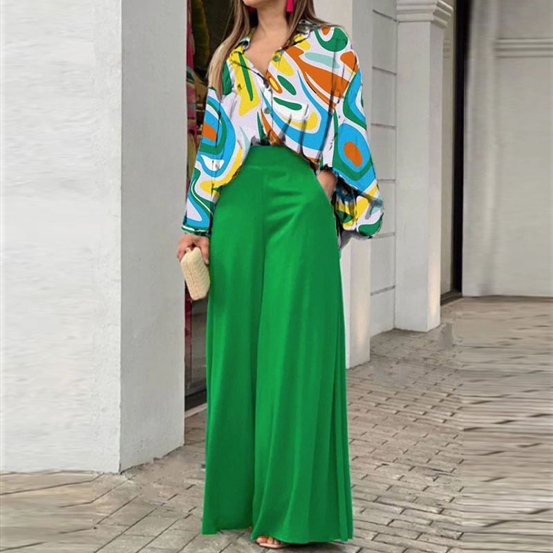 2025 African European American Women's Spring & Autumn Printed Shirts eBay Elegant Stylish Wide-leg Pants Fashionable Casual Suits Printed Patterns Non-stretching Processing Technology Elegant Style