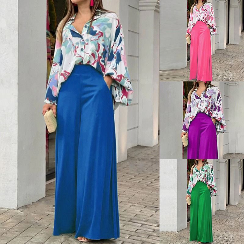 2025 African European American Women's Spring & Autumn Printed Shirts eBay Elegant Stylish Wide-leg Pants Fashionable Casual Suits Printed Patterns Non-stretching Processing Technology Elegant Style