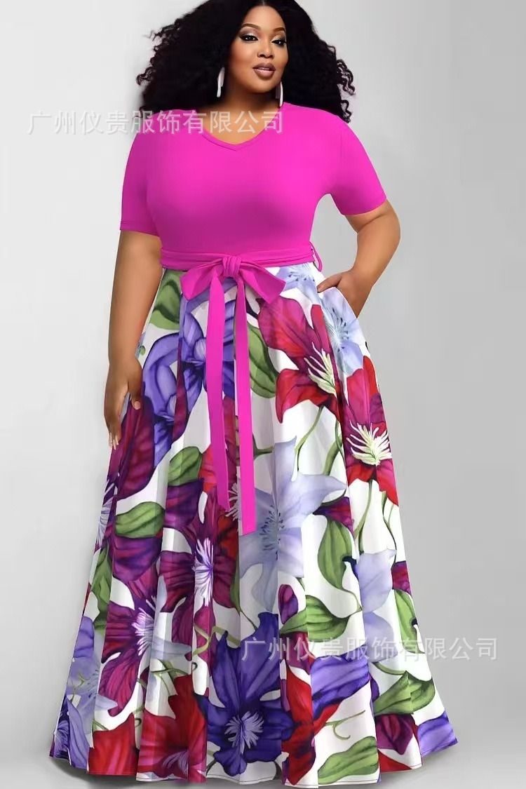 2025 Plus-size Casual Dress New Style Africa Europe & America Women's Large-Sized Fashionable Printed Contrast-color Dress Multi-color Pattern Contrast-color Elements Elegant Style.