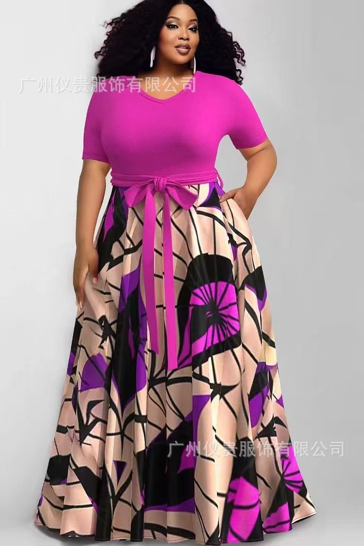 2025 Plus-size Casual Dress New Style Africa Europe & America Women's Large-Sized Fashionable Printed Contrast-color Dress Multi-color Pattern Contrast-color Elements Elegant Style.
