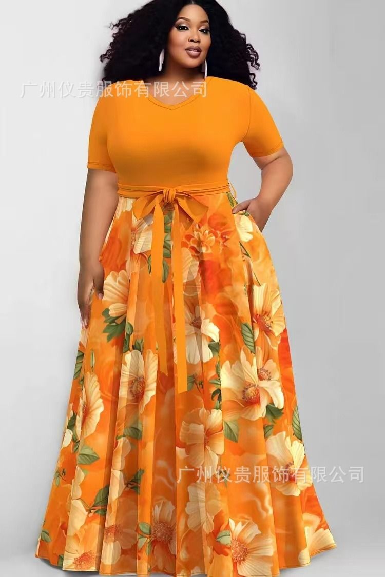 2025 Plus-size Casual Dress New Style Africa Europe & America Women's Large-Sized Fashionable Printed Contrast-color Dress Multi-color Pattern Contrast-color Elements Elegant Style.