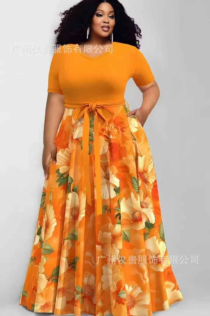 2025 Plus-size Casual Dress New Style Africa Europe & America Women's Large-Sized Fashionable Printed Contrast-color Dress Multi-color Pattern Contrast-color Elements Elegant Style.