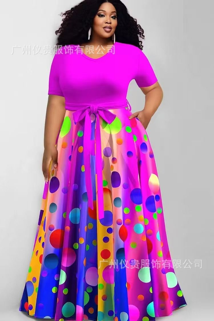 2025 Plus-size Casual Dress New Style Africa Europe & America Women's Large-Sized Fashionable Printed Contrast-color Dress Multi-color Pattern Contrast-color Elements Elegant Style.
