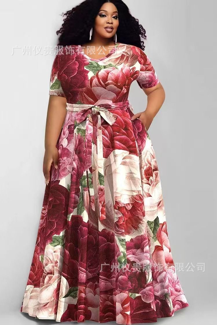 2025 Plus-size Casual Dress New Style Africa Europe & America Women's Large-Sized Fashionable Printed Contrast-color Dress Multi-color Pattern Contrast-color Elements Elegant Style.