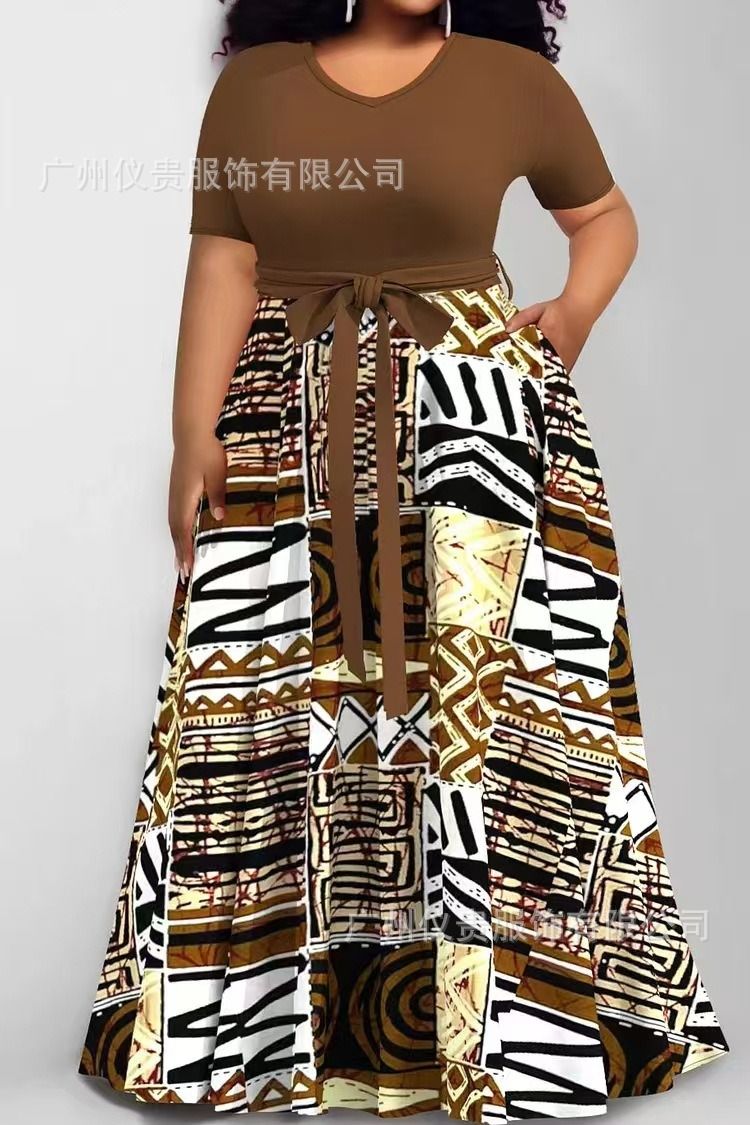 2025 Plus-size Casual Dress New Style Africa Europe & America Women's Large-Sized Fashionable Printed Contrast-color Dress Multi-color Pattern Contrast-color Elements Elegant Style.