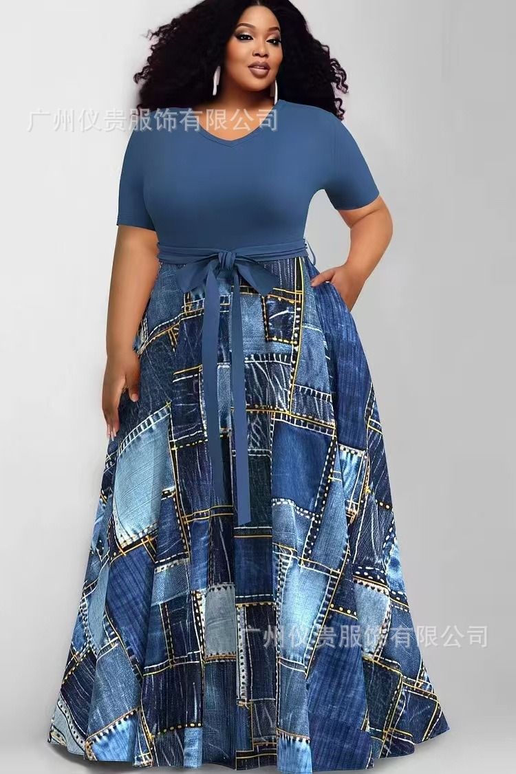 2025 Plus-size Casual Dress New Style Africa Europe & America Women's Large-Sized Fashionable Printed Contrast-color Dress Multi-color Pattern Contrast-color Elements Elegant Style.