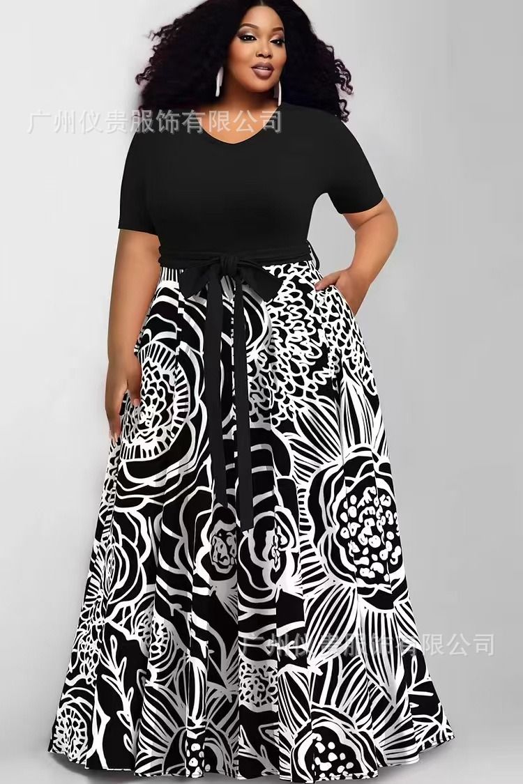 2025 Plus-size Casual Dress New Style Africa Europe & America Women's Large-Sized Fashionable Printed Contrast-color Dress Multi-color Pattern Contrast-color Elements Elegant Style.