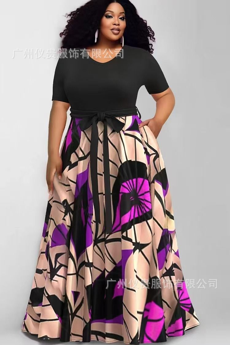 2025 Plus-size Casual Dress New Style Africa Europe & America Women's Large-Sized Fashionable Printed Contrast-color Dress Multi-color Pattern Contrast-color Elements Elegant Style.