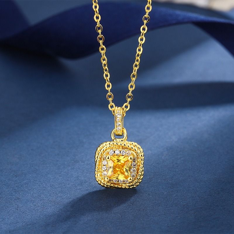 22025 African European American Sand Gold Set Diamond-Inlaid Square Sugar Pendant Women's Simple Small Square Sugar Ring + Earrings + Necklace Jewelry Copper-Gilded Jewelry Set Fashion Commuting Style