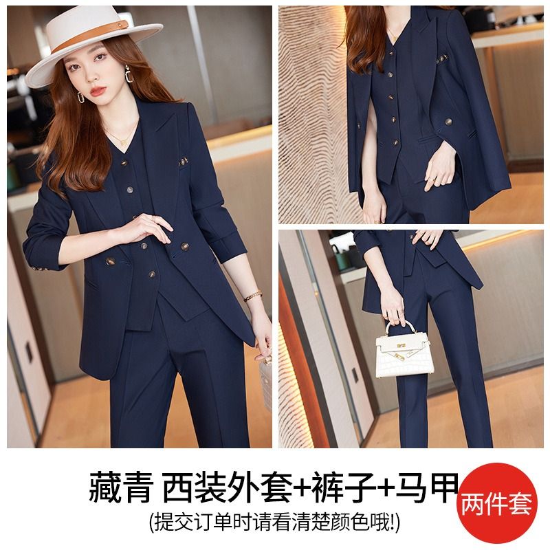 African European American 2026 Dark blue Business Suit Blazer Three-piece Professional Outfit Women Business Formal Wear Manager's Work Attire Soft Comfortable Anti-wrinkle Durable Elegant Charming