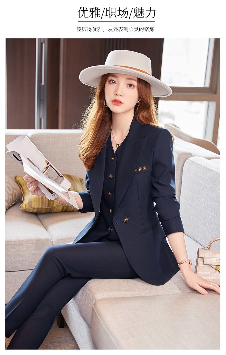 African European American 2026 Dark blue Business Suit Blazer Three-piece Professional Outfit Women Business Formal Wear Manager's Work Attire Soft Comfortable Anti-wrinkle Durable Elegant Charming