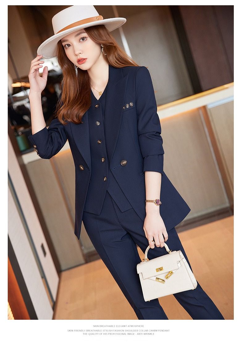 African European American 2026 Dark blue Business Suit Blazer Three-piece Professional Outfit Women Business Formal Wear Manager's Work Attire Soft Comfortable Anti-wrinkle Durable Elegant Charming