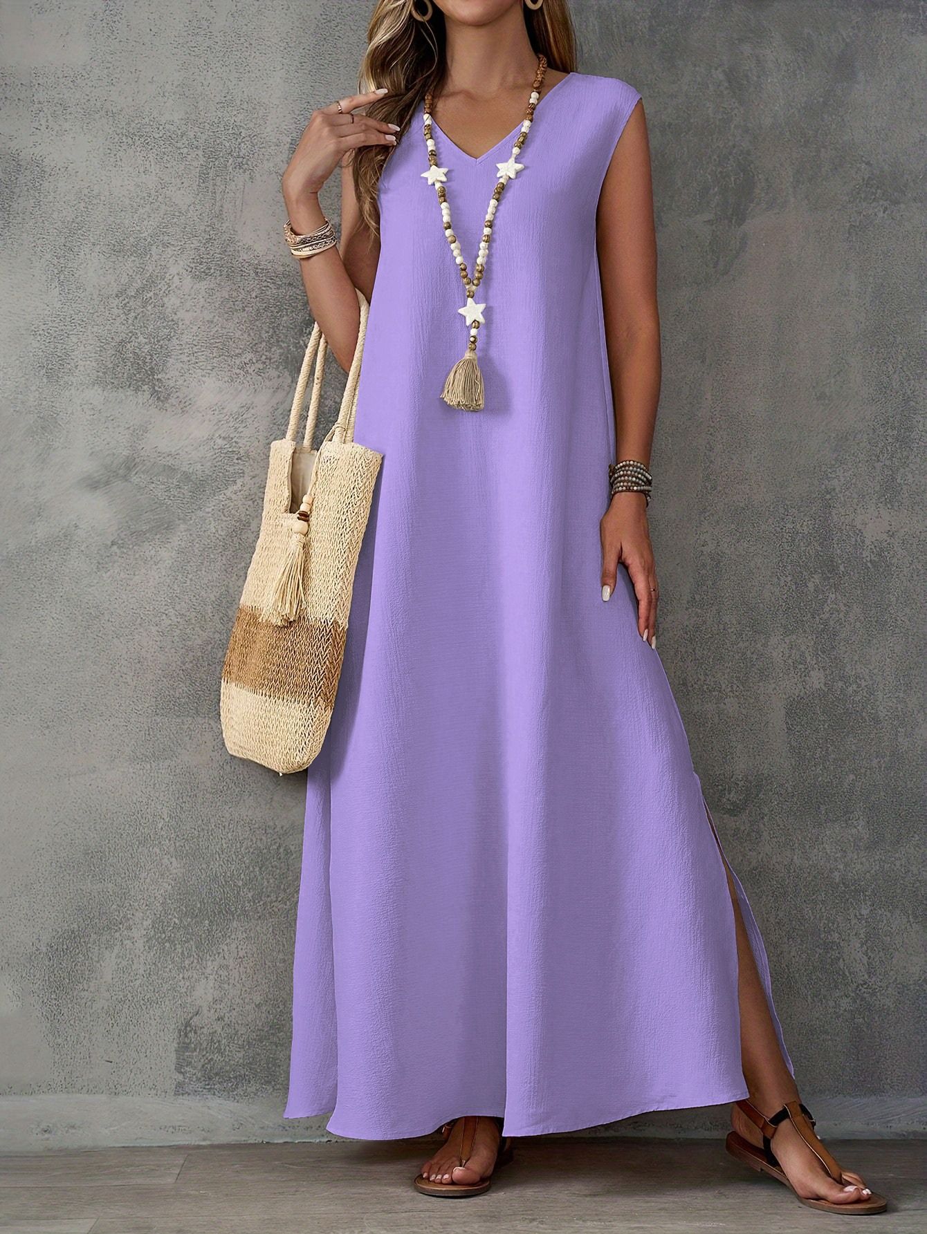 Amazon 2025 Summer African European Style Women's Dress Sleeveless V-Neck Side Slit One-Piece Skirt Elegant Long Dress Solid Color Pattern Side-opening Slit Technique Elegant Style