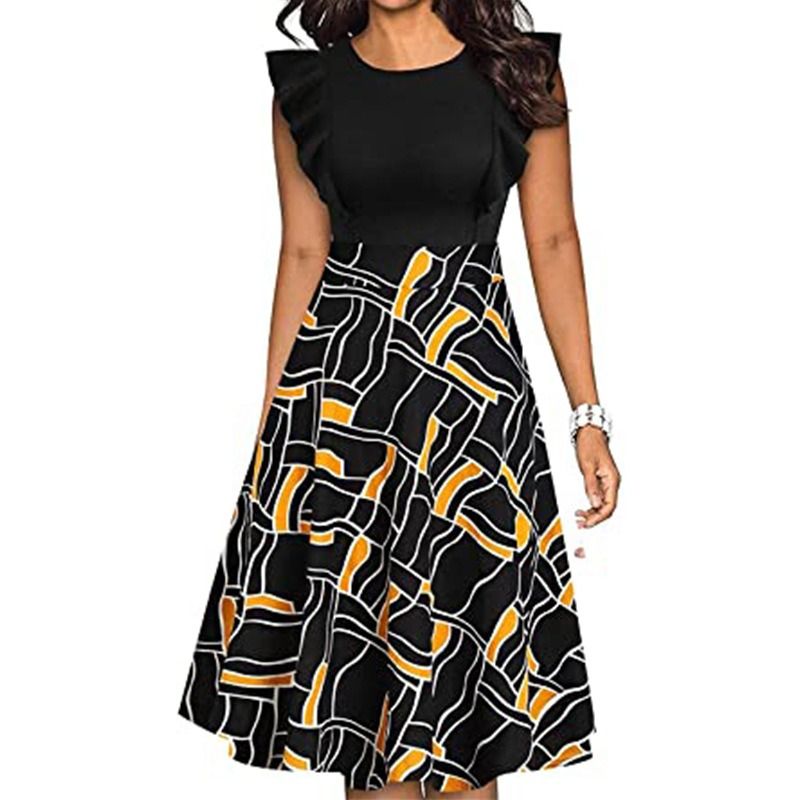 2025 Africa Europe America Summer-Autumn New Style Women's Flowing Sleeve Fitted Office Dress Floral Print Retro Design Printed Pattern Technique Round Neck Mid-waist Fashionable Retro style