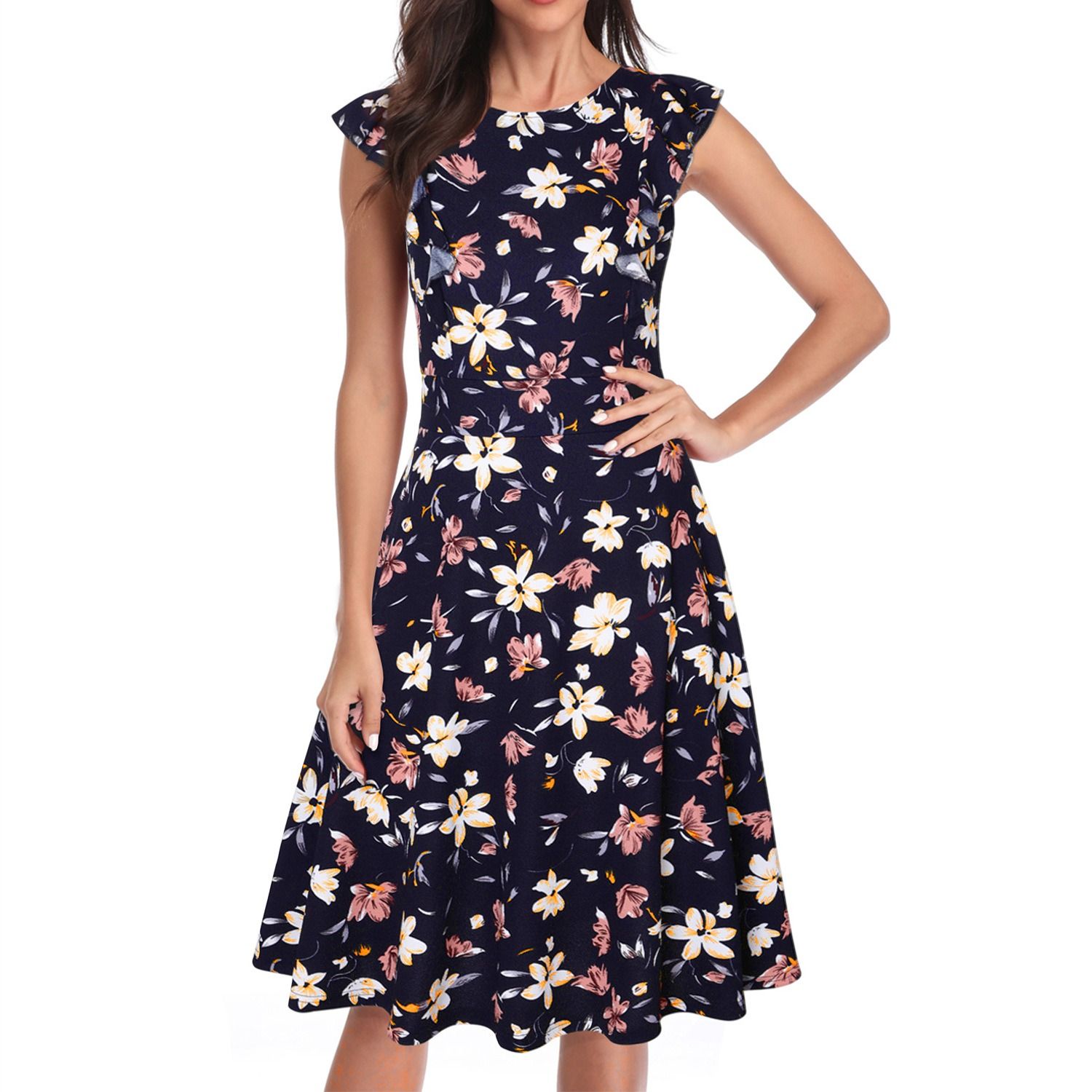 2025 Africa Europe America Summer-Autumn New Style Women's Flowing Sleeve Fitted Office Dress Floral Print Retro Design Printed Pattern Technique Round Neck Mid-waist Fashionable Retro style