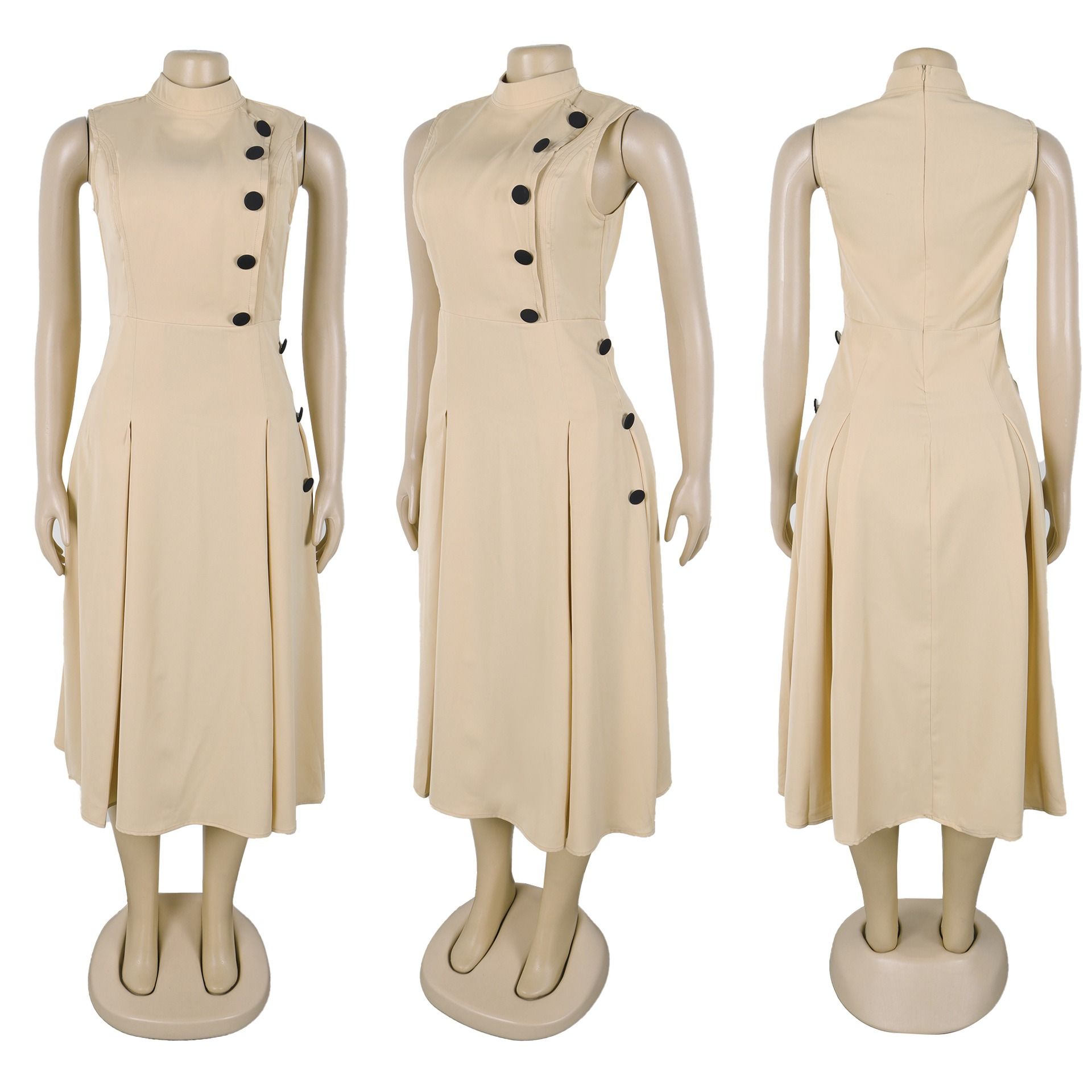 African European American 2025 Spring-Autumn S10993 Elegant Style A-line Neckline Sleeveless Button Decorated Dress Solid Color Pattern Mid-waist Semi-V-neck Fashionable Daily Wear Style