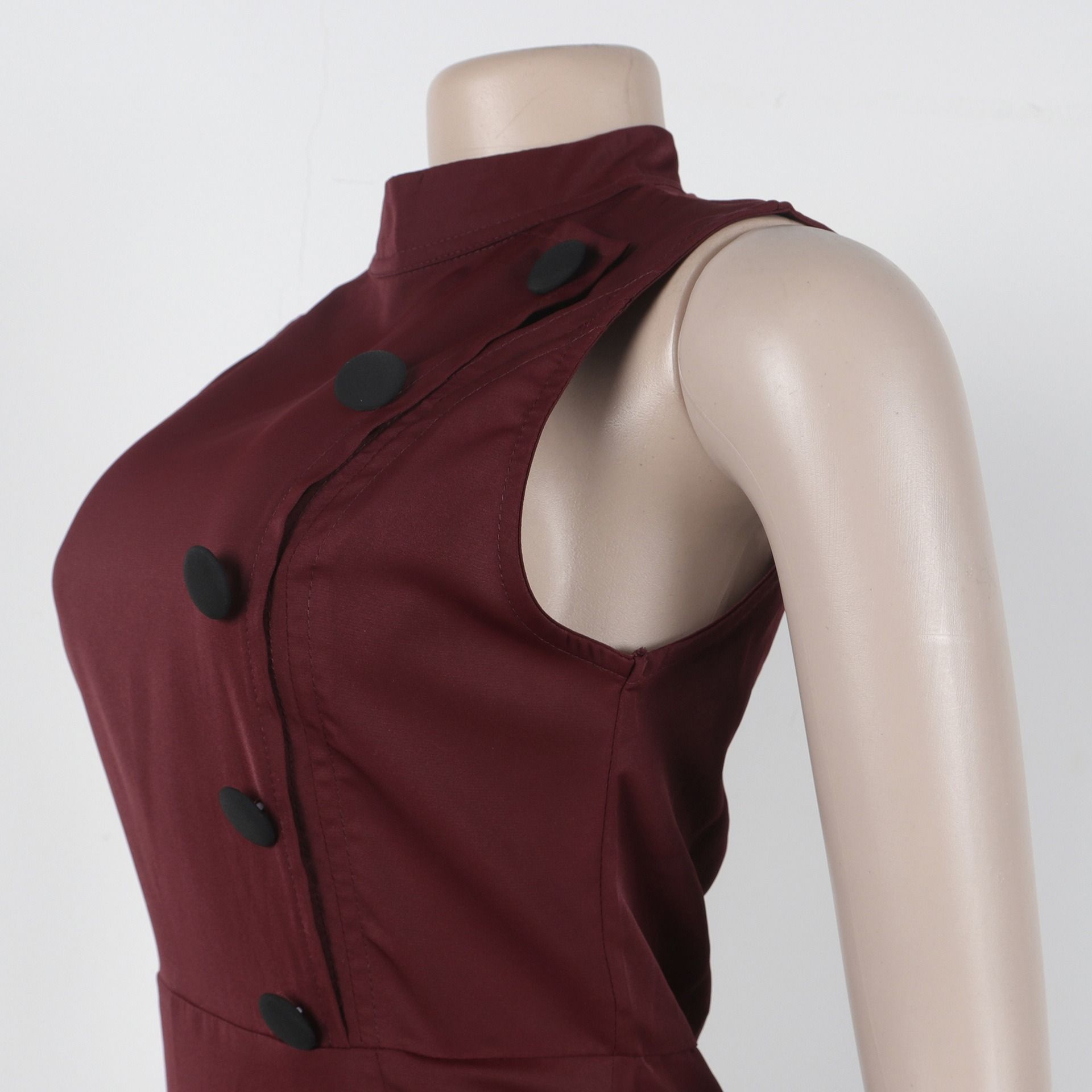 African European American 2025 Spring-Autumn S10993 Elegant Style A-line Neckline Sleeveless Button Decorated Dress Solid Color Pattern Mid-waist Semi-V-neck Fashionable Daily Wear Style