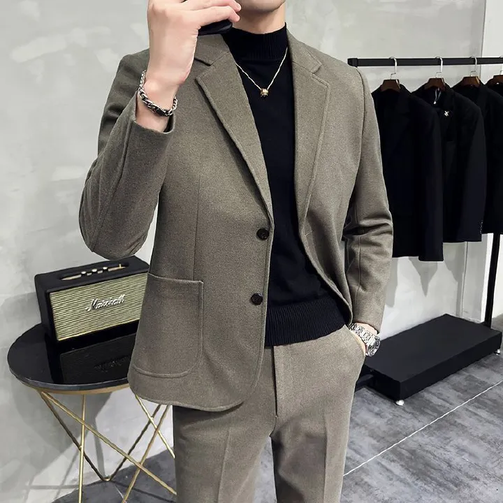 2026 Spring/Summer Thick Wool Casual Men Suit Korean Edition Slim-fit British Style Cool Stylish Men's Suit Set Double-Breasted Design Retro Flat Collar Simple simple Elegant Soft Comfortable Durable